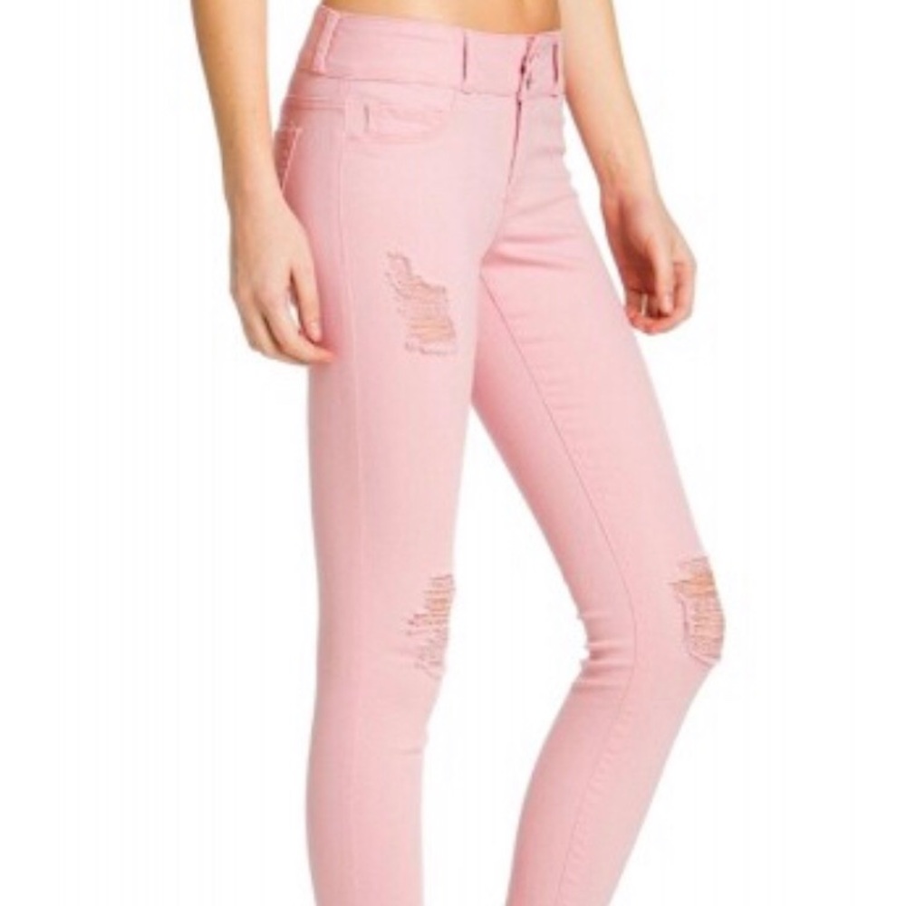 Cello Pink Distressed Skinny Jeans Two Button